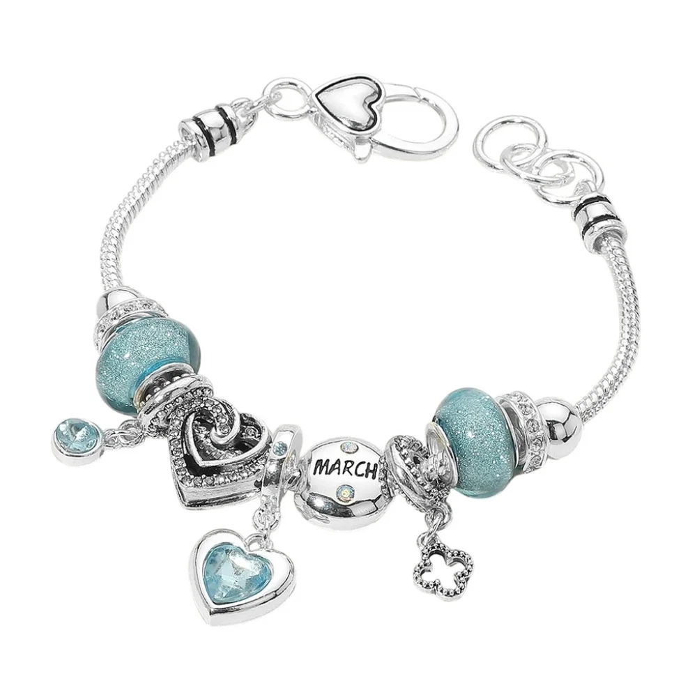 March - Birthstone Heart Charm Multi Beaded Bracelet